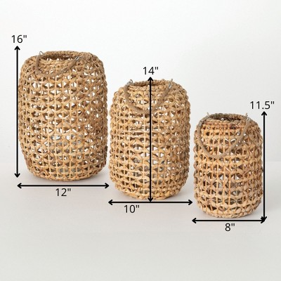 Natural Woven Rattan Hanging Lantern Set of 3, Brown