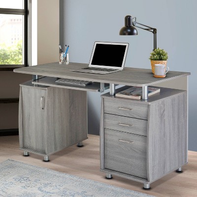 Gray Rectangular Workstation Desk with Storage and Keyboard Tray