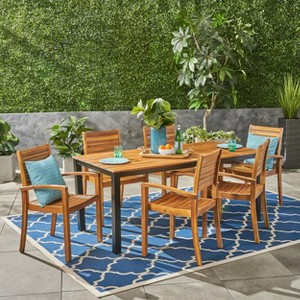 Christopher Knight Home Barstow Outdoor Iron and Acacia Wood 7 Piece Dining Set, Teak/Black - 1 of 4