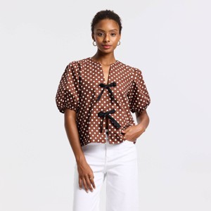 トップス S/S Tee Puff Dark Brown 110 Women's Puff Short Sleeve Bow Tie Top - A New Day™ Brown Polka