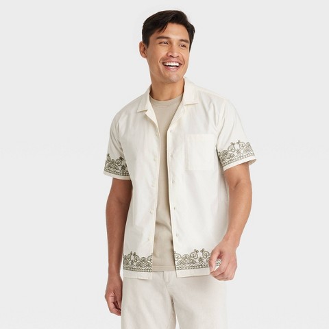 Мужские рубашки Goodfellow & Co Men's Short Sleeve Embroidered Button-Down Shirt - Goodfellow & Co™ Cream M: Poplin Fabric