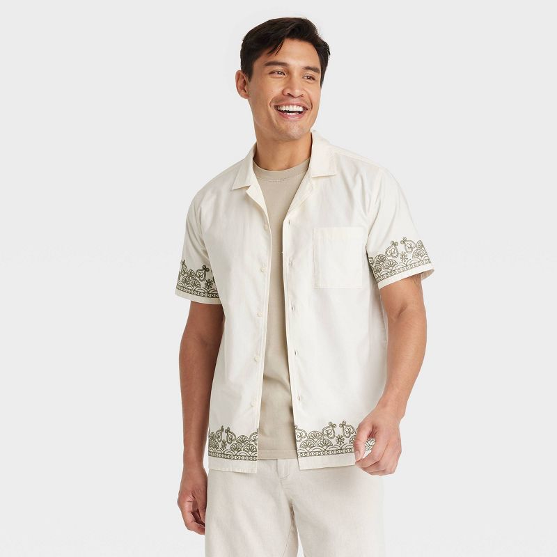 Men's Short Sleeve Embroidered Button-Down Shirt - Goodfellow & Co™ Cream M: Poplin Fabric