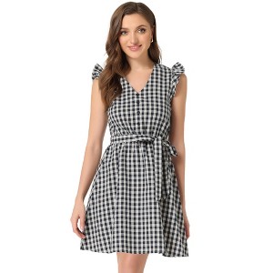 Allegra K Women's Casual Ruffled Sleeve A-Line Vintage Gingham Check Dress - 1 of 4