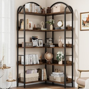 Five-tier L-shaped corner bookshelf with wood and metal storage shelves. Space-saving office display unit suitable for living rooms and bedrooms. - 1 of 4