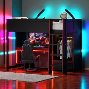 Mshliw Wood Gaming Loft Bed with Built-in Desk, Wardrobe, Drawer, LED Lights, Guardrails and Ladder - 1 of 4