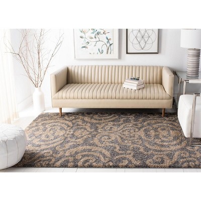 Abstract Grey/Beige Hand-Knotted Shag Rug 5' x 7'