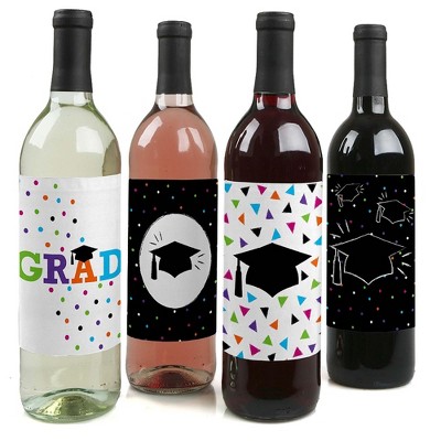 Big Dot of Happiness Hats Off Grad - Graduation Party Decorations for Women and Men - Wine Bottle Label Stickers - Set of 4