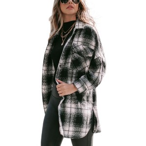 Amaryllis Women's Oversized Plaid Shacket with Button-Up Closure Longline Design Front Flap Pockets Layering Jacket - 1 of 4