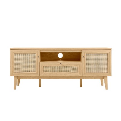 Finley 59" Oak TV Stand with Rattan Paneling and Storage