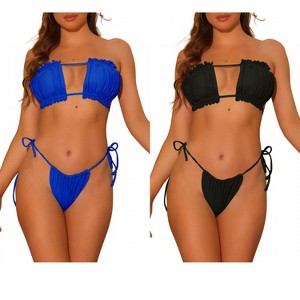 Elerevyo Women's Ruffle Pleated Bandeau Push Up High Cut Tie Side String Bikini Sets Swimsuits 2 Sets - 1 of 4
