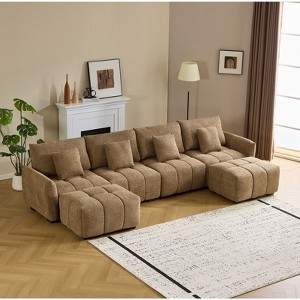 Karl Home |140 in.W Round Arm Boucle L-shaped American Tufed Sofa in Brown with Ottoman - 1 of 1