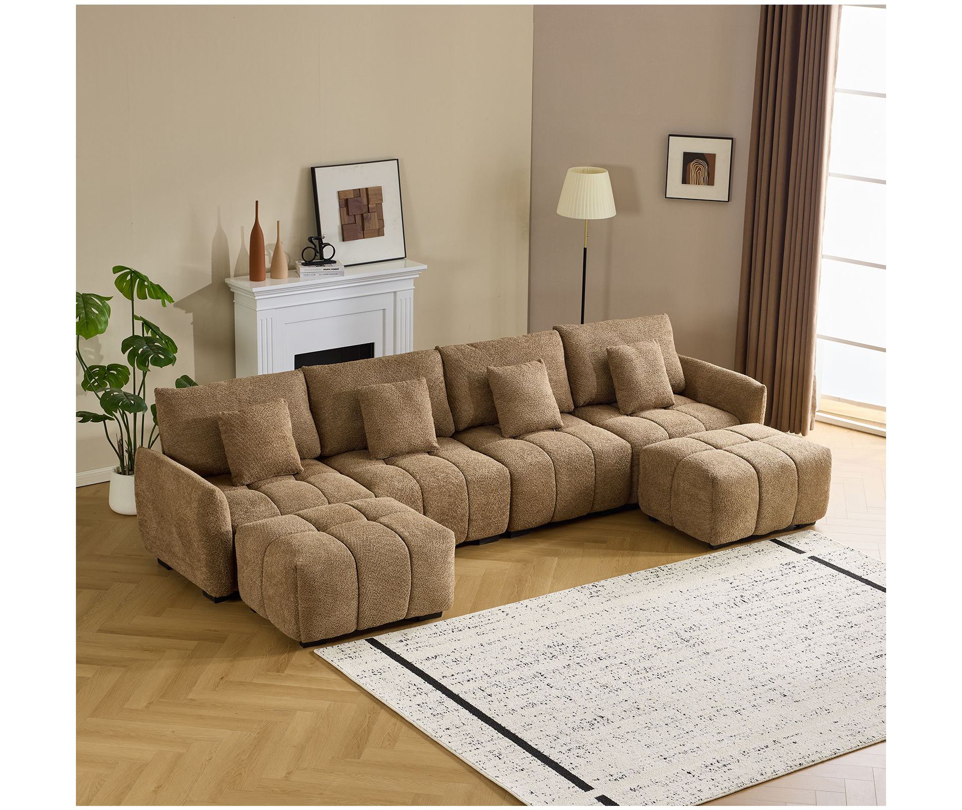 Karl Home |140 in.W Round Arm Boucle L-shaped American Tufed Sofa in Brown with Ottoman