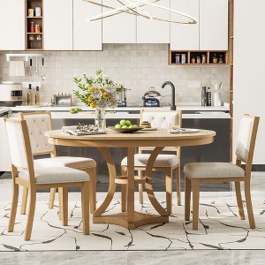 Merax Stylish 5-Piece Retro Dining Set with Extendable Round Table & 4 Upholstered Chairs - 1 of 4