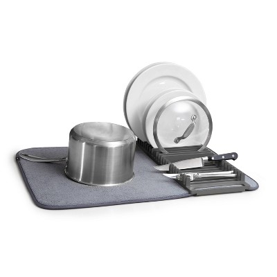 Charcoal Foldable Plastic Dish Drying Rack with Mat
