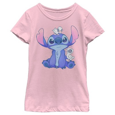 Girl's Lilo & Stitch Hanging With Ducks T-shirt - Light Pink - X Large ...