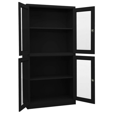 vidaXL Sturdy and Durable Office Cabinet - Tempered Glass and Black Steel - 35.4"x15.7"x70.9" - Lockable Doors - 2 Adjustable Shelves