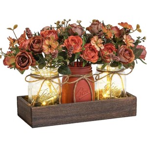 Artificial Flower Preserve Jar, Table Decoration With Wooden Tray And LED Light, Dining Room, Kitchen, Living Room Table Decoration - 1 of 4