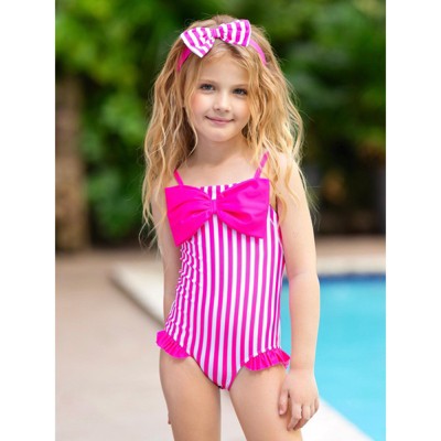 Mia Belle Girls Seaside Stripes Pink Bow One-Piece Swimsuit Mia Belle Girls, Pink, 4/5 — фото 5