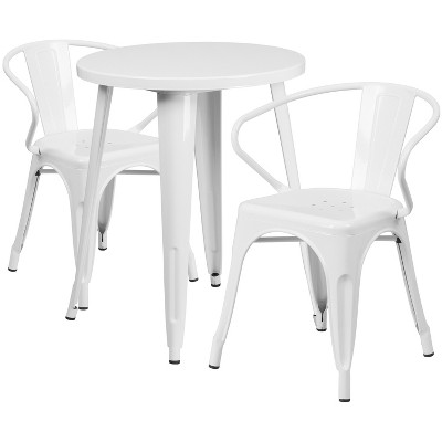 Emma and Oliver Commercial 24" Round White Metal Indoor-Outdoor Table Set with 2 Arm Chairs