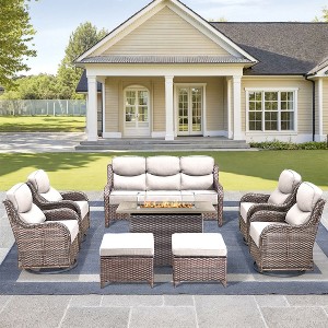 Gymojoy 8 Pieces Outdoor 6 Inch Sofa Swivel Chair Ottoman with Fire Pit Table - 1 of 4
