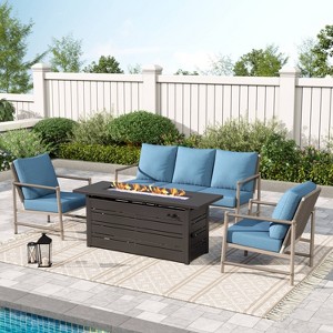 Captiva Designs Coastal 4pc Patio Steel and Rattan Fire Pit Set with Cushions - 1 of 4