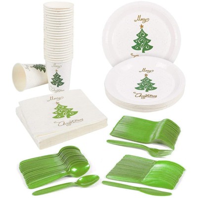 Serves 24 Christmas Tree Party Supplies, 144PCS Plates Napkins Cups, Perfect Merry Xmas Tree Design Favors Decorations