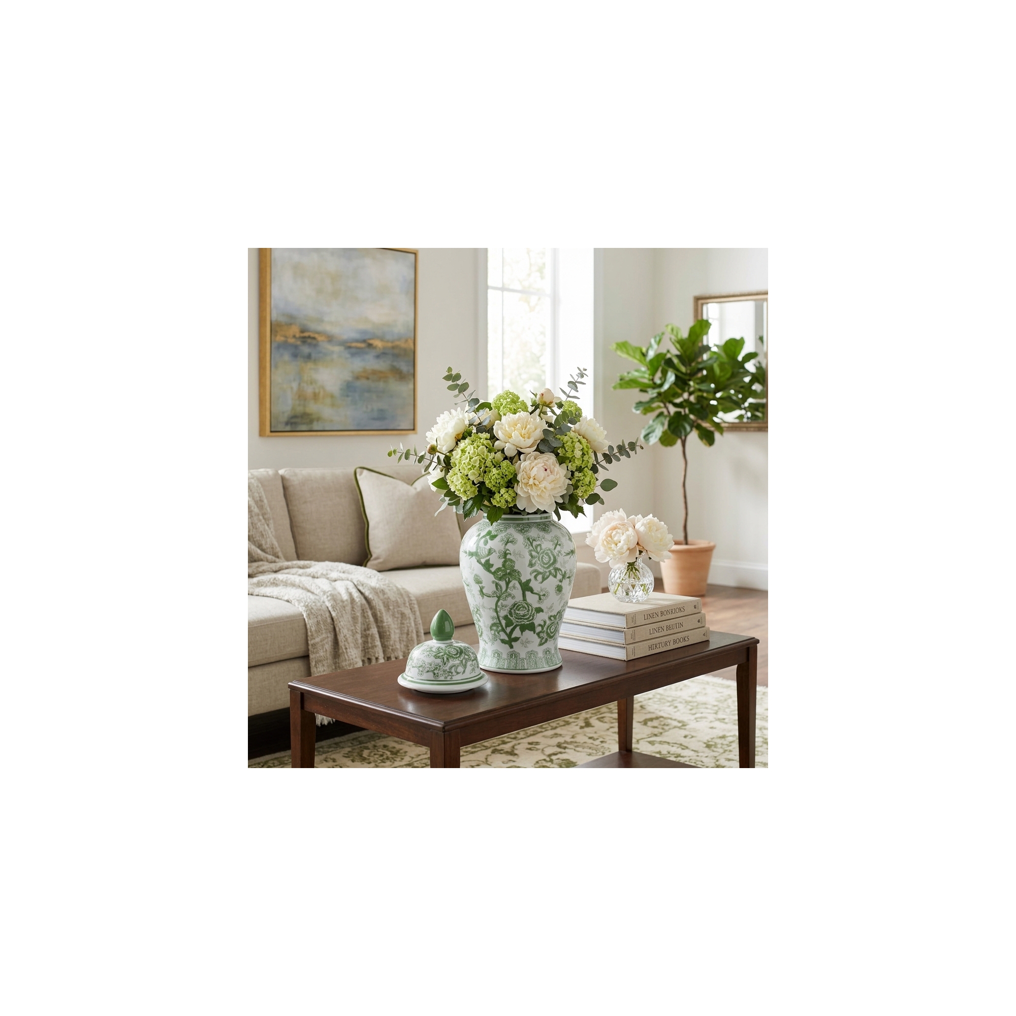 Contemporary Ceramic Vase for Living Room and Home Decor for House - Bird and Flower Temple Jar for House Accent or Table Decor - 19", Green & White