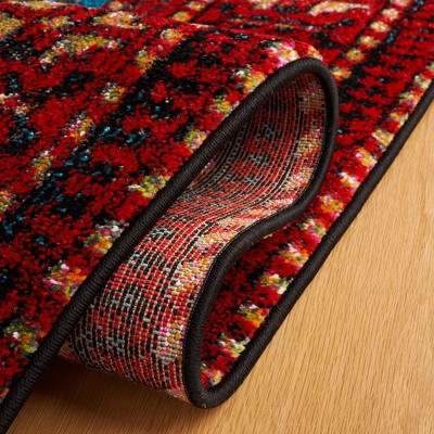 Vintage Red and Blue Round Floral Synthetic Rug
