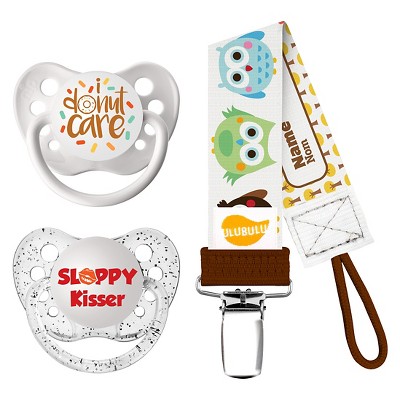 Ulubulu Pacifiers I Donut Care & Sloppy Kisser with Owl Pacifier Clip - 0-6 Months - 3pk