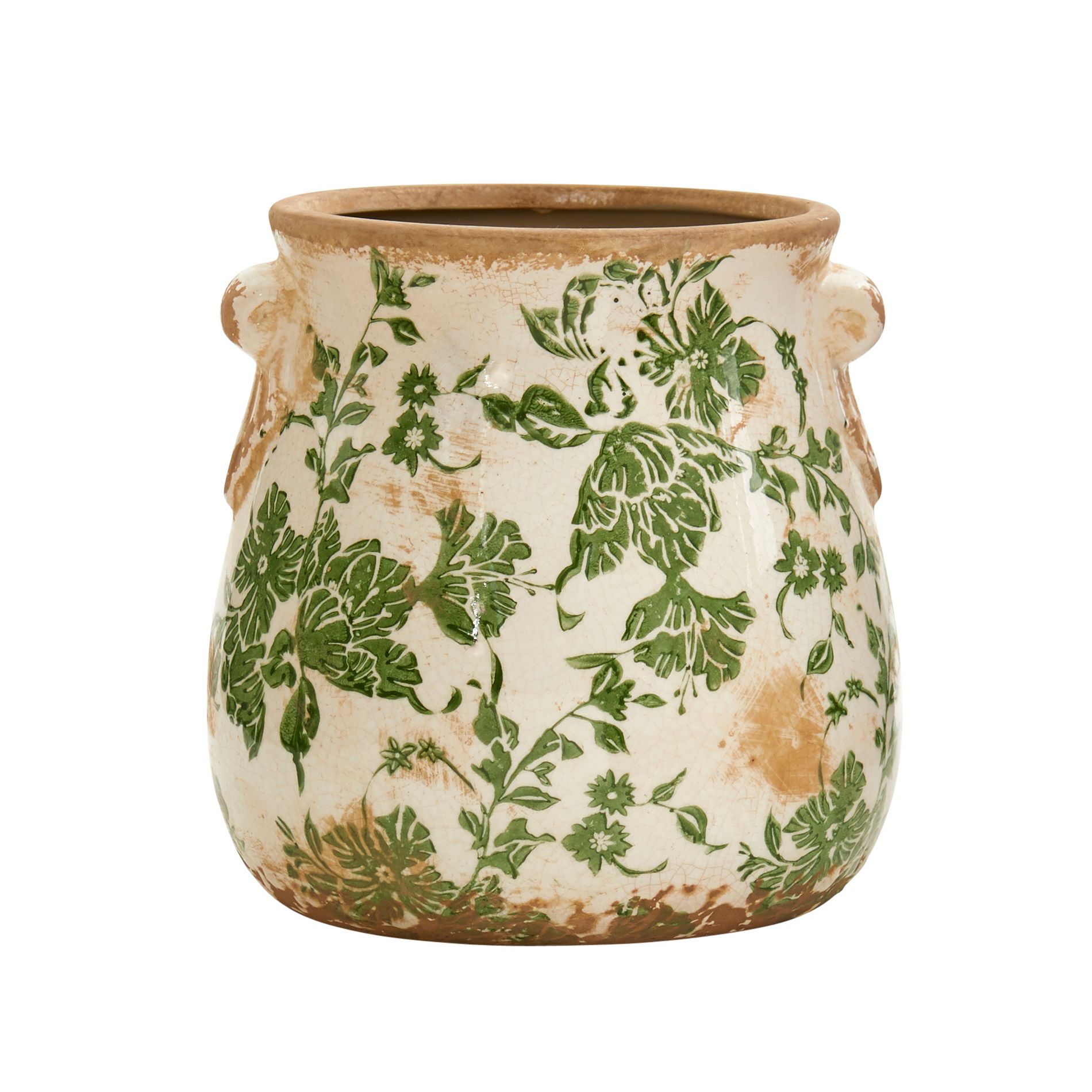 Nearly Natural 6.5-in Tuscan Ceramic Green Scroll Planter