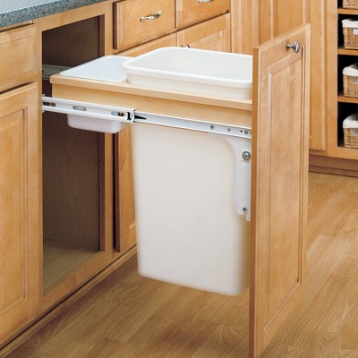 White Plastic Pull-Out Kitchen Trash Can with Maple Frame