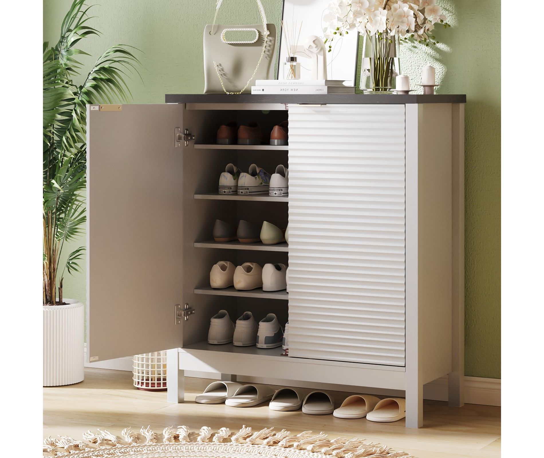 5-Tier Shoe Cabinet with Fluted Doors & Adjustable Shelves, Wooden Shoe Rack Organizer