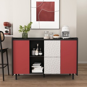 Black Storage Cabinet with Red Doors, 2 Drawers & 2 Open Compartments - Modern Sideboard Buffet & Coffee Bar Accent for Kitchen - 1 of 4