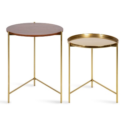 Ulani Nesting Side Table Set, Walnut Brown Wood and Gold Metal