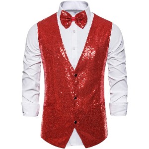 Lars Amadeus Men's Sequin Shiny Slim Fit Sleeveless Suit Waistcoat Set with Bow Tie - 1 of 4