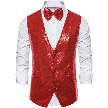 Lars Amadeus Men's Sequin Shiny Slim Fit Sleeveless Suit Waistcoat Set with Bow Tie