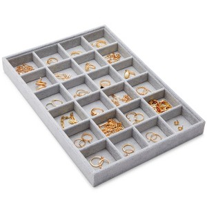 Juvale Velvet Jewelry Tray, Stackable 24 Grid Organizer for Earrings, Rings (Gray, 14x10 in) - 1 of 4