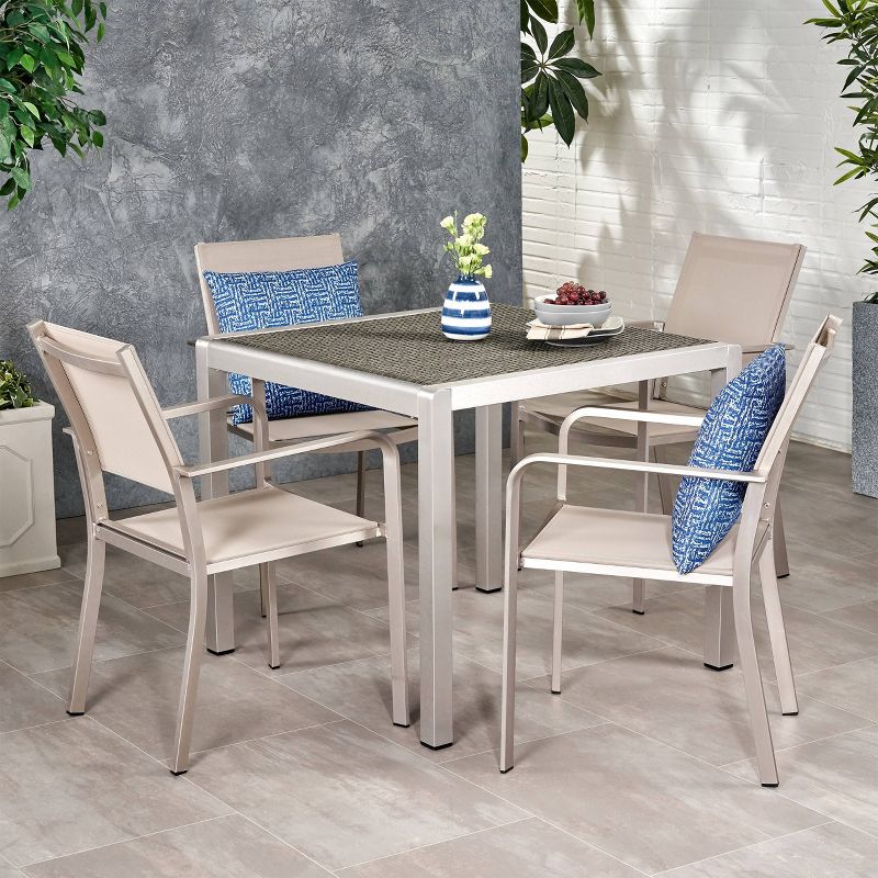 Boris 5pc Aluminum Modern Dining Set with Wicker Table Top Silver - Christopher Knight Home, 1 of 8