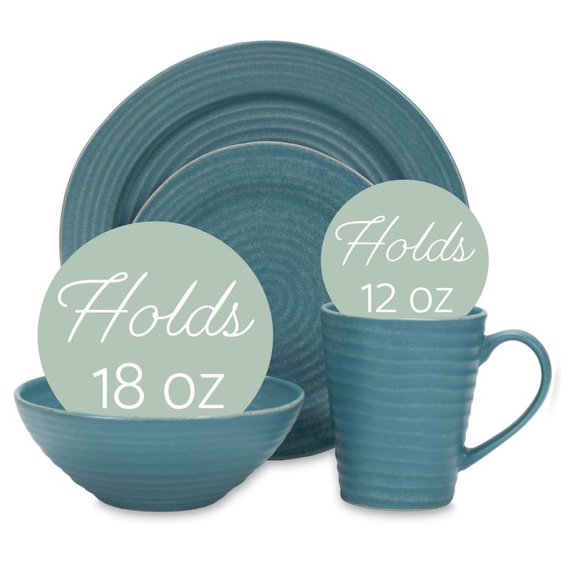 Elanze Designs Chic Ribbed Modern Thrown Pottery Look Ceramic Stoneware Plate Mug & Bowl Kitchen Dinnerware 16 Piece Set - Service for 4, Turquoise, 2 of 7