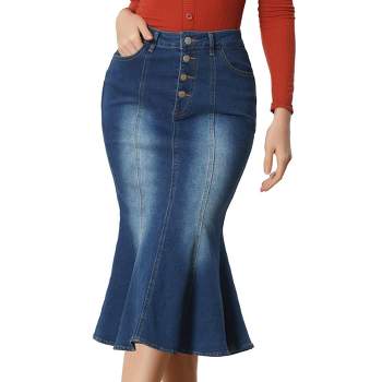 Allegra K Women's Fishtail Button Front Side Pockets Midi Denim Distressed Skirt