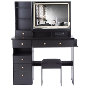 Ridstar 40.2 in. W Large Size Left Bedside Cabinet Vanity Table with Cushioned Stool & Hair Dryer Stand-Black - 1 of 4