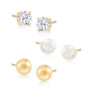 Ross-Simons Child's Jewelry Set: .20 ct. t.w. Cz, Cultured Pearl and 14kt Yellow Gold Stud Earrings - 1 of 4