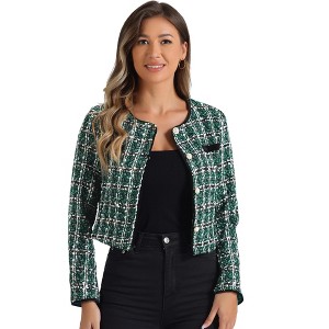 INSPIRE CHIC Women's Elegant Contrast Piping Round Neck Button Front Long Sleeve Tweed Blazer - 1 of 4