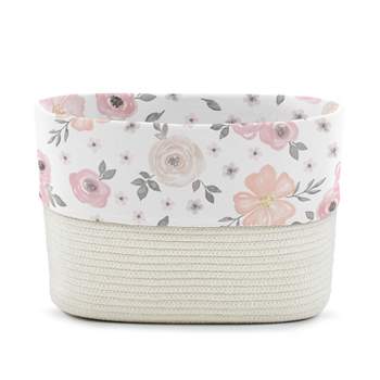 Sweet Jojo Designs Woven Cotton Rope Decorative Storage Basket Bin Watercolor Floral Pink and Grey