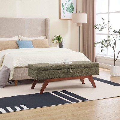 CAVINAS Modern Pull-Open Top Teddy/Leather Ottoman Bench with Wood Feet,Upholstered Storage Ottoman for Living Room