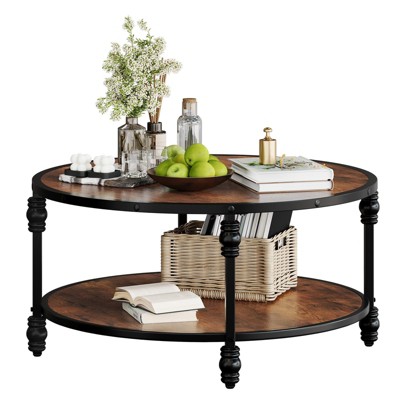 34.5 Inch Round Coffee Table, 2 Tier Center Table with Storage Shelf, Wooden Industrial Circle Coffee Table with Metal Frame for Living Room, Brown