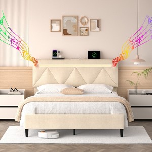 TIRAMISUBEST Full/Queen Upholstered Platform Bed Frame Headboard Charging Station RGB LED Lights Wooden Slats Noise Free Adjustable Height - 1 of 4