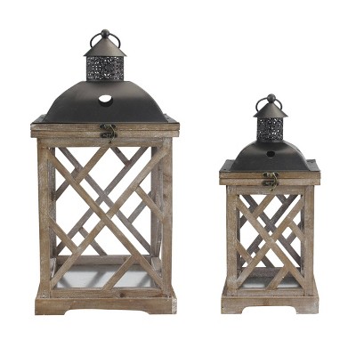 Rustic Wood and Metal Hurricane Candle Lantern Set