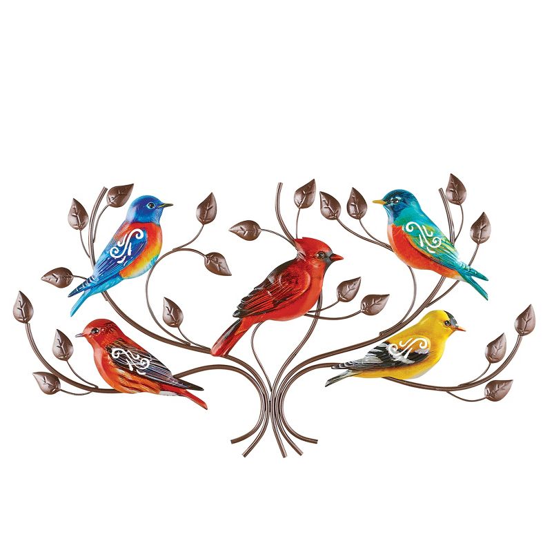 Collections Etc Colorful Birds in a Brass Tree Metal Wall Art Decor 25" x 1" x 14.25", 1 of 3