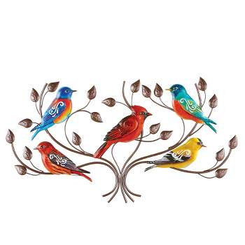 Collections Etc Colorful Birds in a Brass Tree Metal Wall Art Decor 25" x 1" x 14.25"